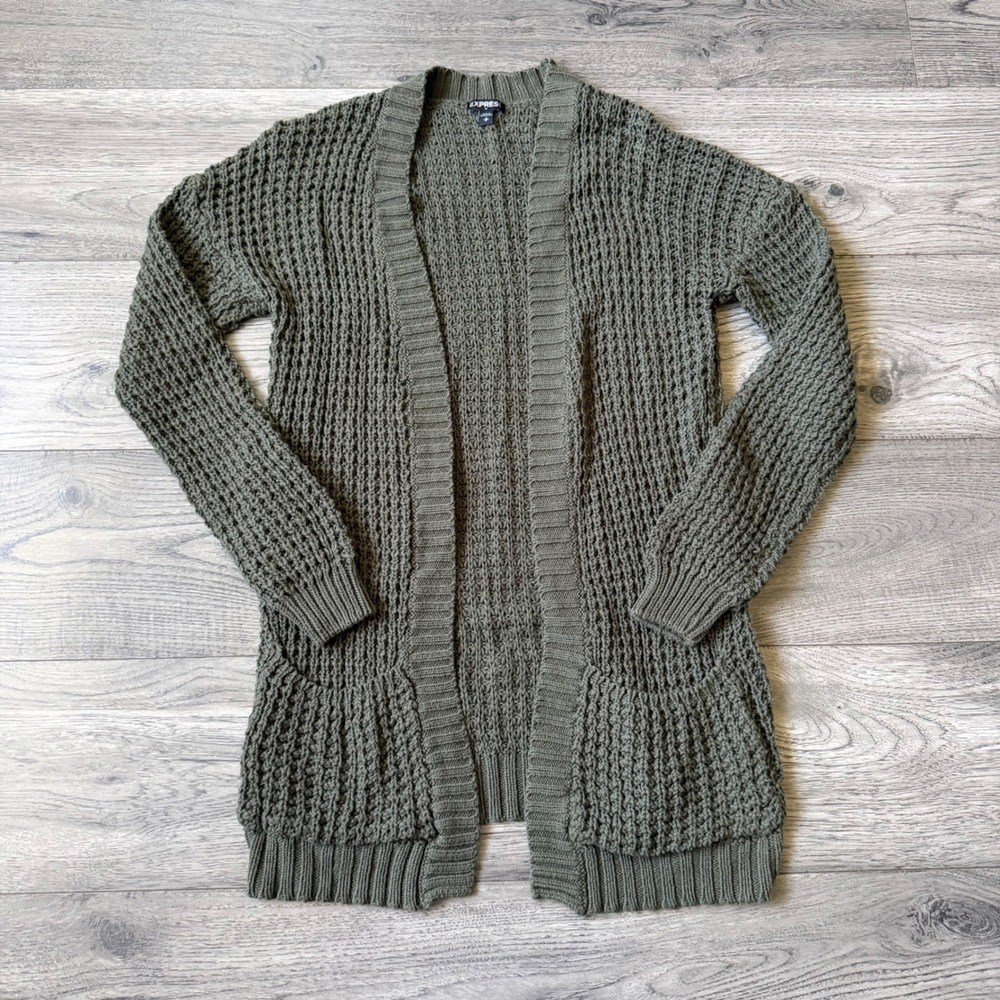 Express Womens Olive Green Waffle Knit Open Front Cardigan Sweater Small Pockets